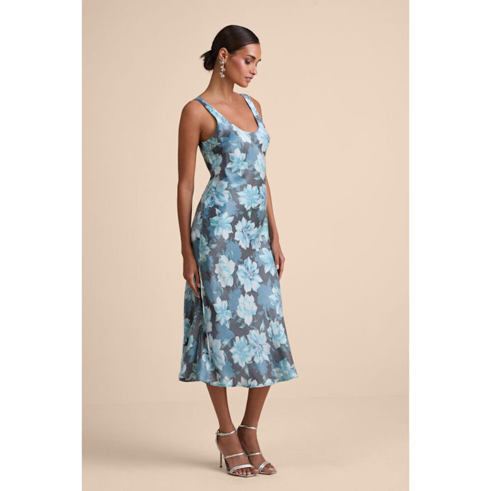 Lulus Romantic Whims Blue Floral Print Organza Sleeveless Slip Dress - Size M